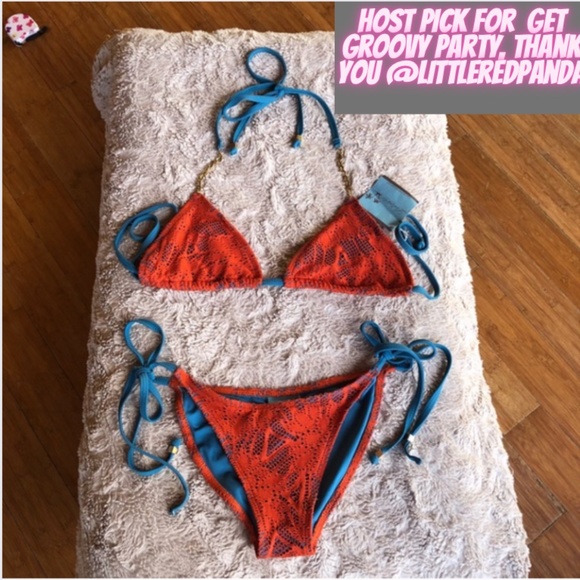 Orange and Turquoise Inlay Mesh Tie Side Bikini with Gold Chain Detail. - Picture 13 of 16